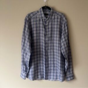 Ermenegildo Zegna Shirt Linen Light Blue And Gray Plaid Mens Shirt Large